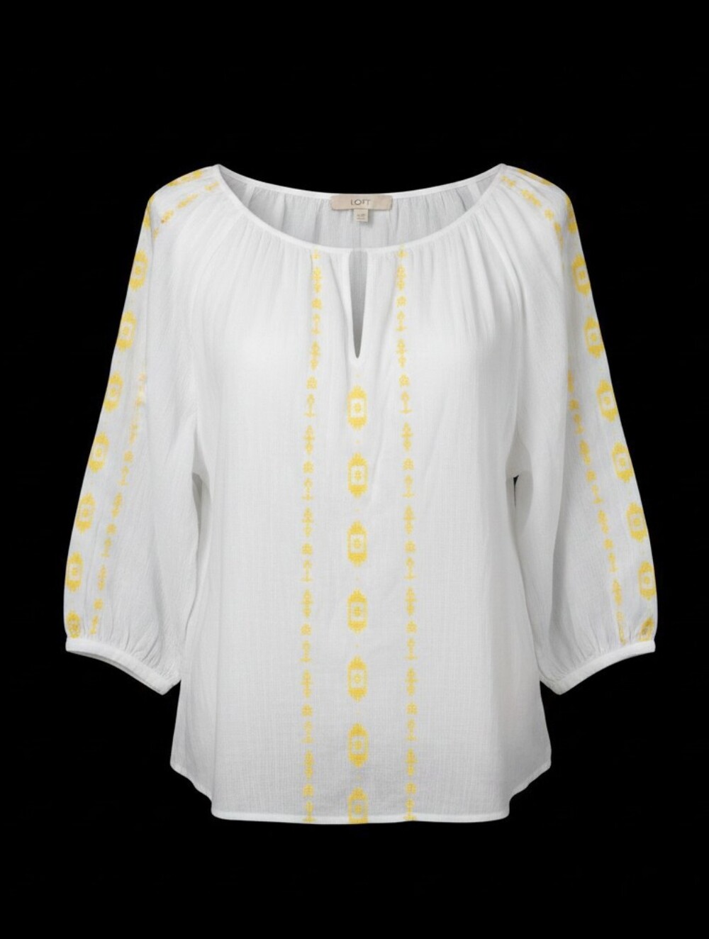LOFT White Boho Peasant Blouse with Yellow Embroidery
